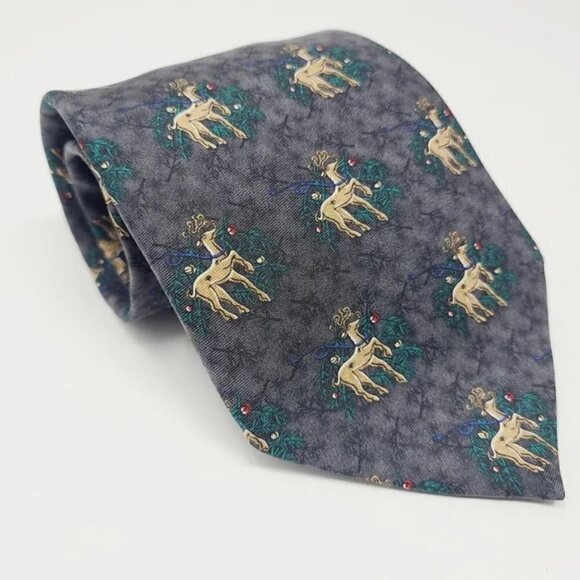 Rudolph Company | Men's Gray Reindeer & Mistletoe Print Christmas or Holiday Tie - Picture 9 of 10